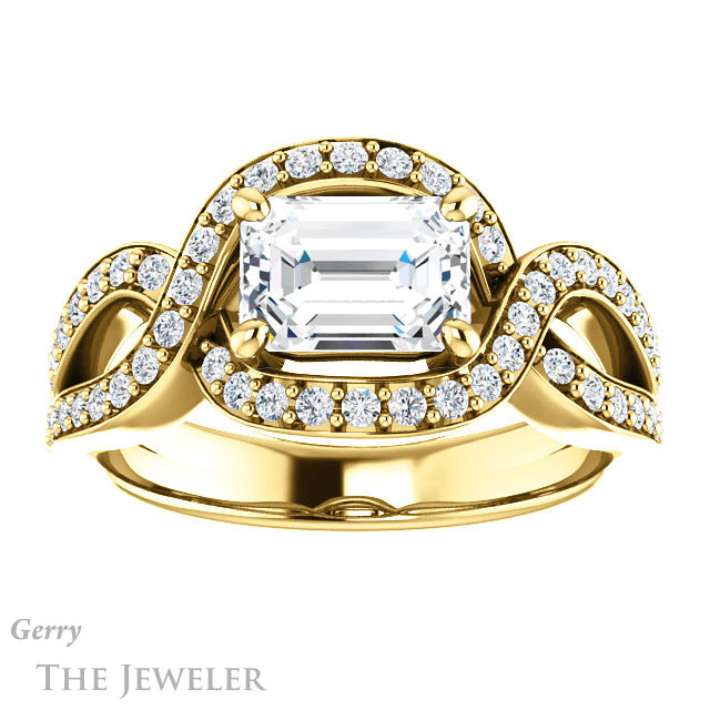 Emerald Cut Forever One Moissanite Engagement Ring #GTJ1267-emerald-fb-y 1 Emerald Cut Forever Brilliant Moissanite Engagement Ring #GTJ1267-emerald-fb-y