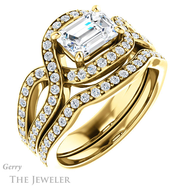 Emerald Cut Forever One Moissanite Engagement Ring #GTJ1267-emerald-fb-y 6 Emerald Cut Forever Brilliant Moissanite Engagement Ring #GTJ1267-emerald-fb-y