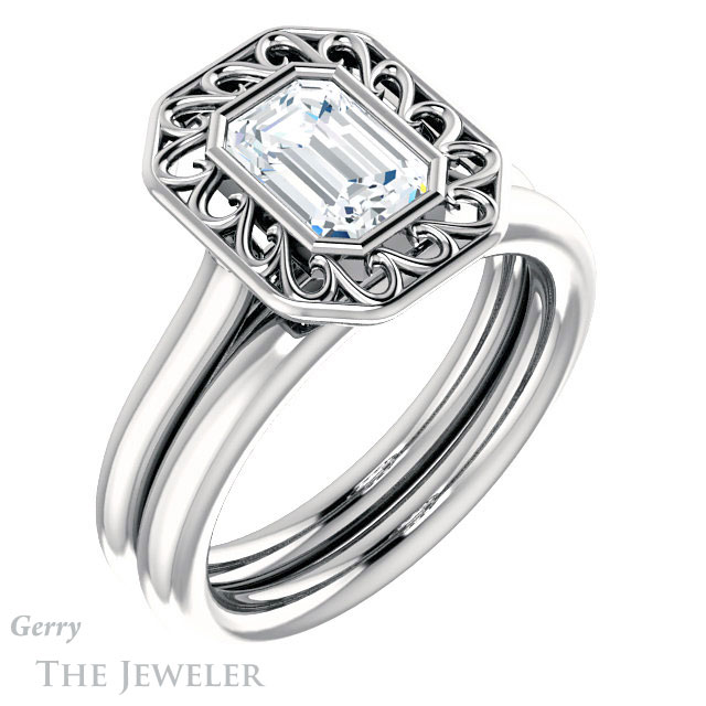 Emerald Cut Forever One Moissanite Engagement Ring #GTJ1275-emerald-fb-w | Gerry The Jeweler Emerald Cut Forever Brilliant Moissanite Engagement Ring #GTJ1275-emerald-fb-w