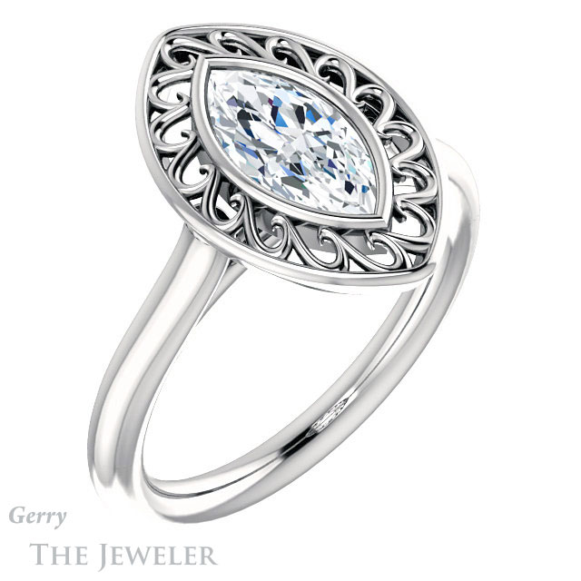 Marquise Cut Forever One Moissanite Engagement Ring #GTJ1275-marquise-fb-w | Gerry The Jeweler Marquise Cut Forever Brilliant Moissanite Engagement Ring #GTJ1275-marquise-fb-w