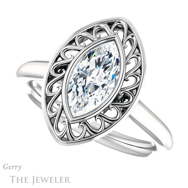 Marquise Cut Forever One Moissanite Engagement Ring #GTJ1275-marquise-fb-w | Gerry The Jeweler Marquise Cut Forever Brilliant Moissanite Engagement Ring #GTJ1275-marquise-fb-w