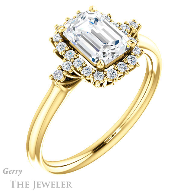 Emerald Cut Forever One Moissanite Engagement Ring #GTJ1285-emerald-fb-y 4 Emerald Cut Forever Brilliant Moissanite Engagement Ring #GTJ1285-emerald-fb-y