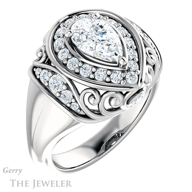 Pear Shaped Forever One Moissanite Engagement Ring #GTJ919-pear-fb-w | Gerry The Jeweler Pear Shaped Forever Brilliant Moissanite Engagement Ring #GTJ919-pear-fb-w