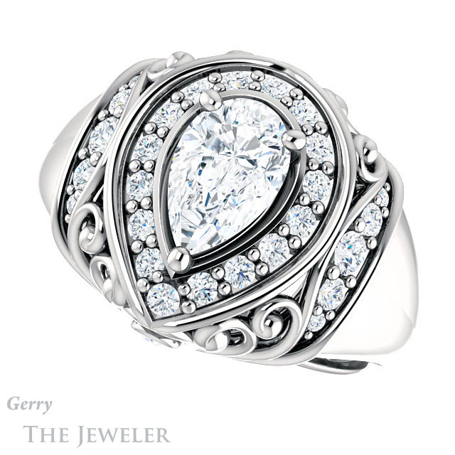 Pear Shaped Forever One Moissanite Engagement Ring #GTJ919-pear-fb-w | Gerry The Jeweler Pear Shaped Forever Brilliant Moissanite Engagement Ring #GTJ919-pear-fb-w