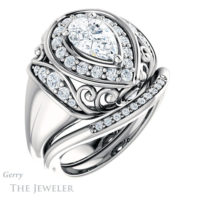 Pear Shaped Forever One Moissanite Engagement Ring #GTJ919-pear-fb-w | Gerry The Jeweler Pear Shaped Forever Brilliant Moissanite Engagement Ring #GTJ919-pear-fb-w