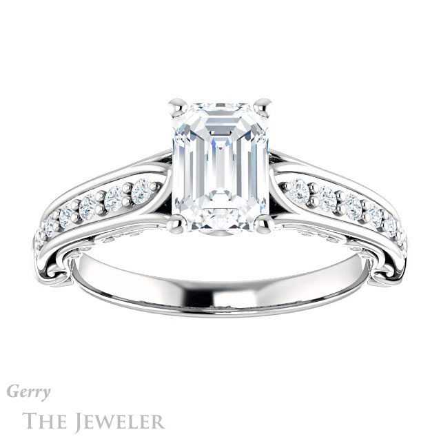 Emerald Cut Forever One Moissanite Engagement Ring #GTJ929-emerald-fb-w 1 Emerald Cut Forever Brilliant Moissanite Engagement Ring #GTJ929-emerald-fb-w