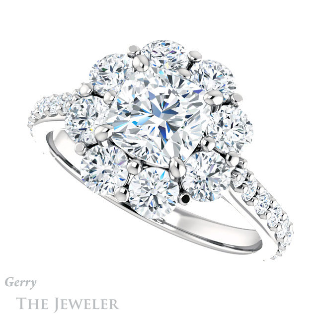 Cushion Cut Forever One Moissanite Engagement Ring #GTJ940-cushion-fo-w | Gerry The Jeweler Cushion Cut Forever One Moissanite Engagement Ring #GTJ940-cushion-fo-w