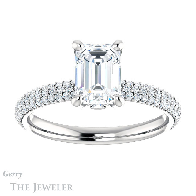 Emerald Cut Forever One Moissanite Engagement Ring #GTJ945-emerald-fb-w 1 Emerald Cut Forever Brilliant Moissanite Engagement Ring #GTJ945-emerald-fb-w