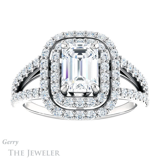 Emerald Cut Forever One Moissanite Engagement Ring #GTJ949-emerald-fb-w 1 Emerald Cut Forever Brilliant Moissanite Engagement Ring #GTJ949-emerald-fb-w
