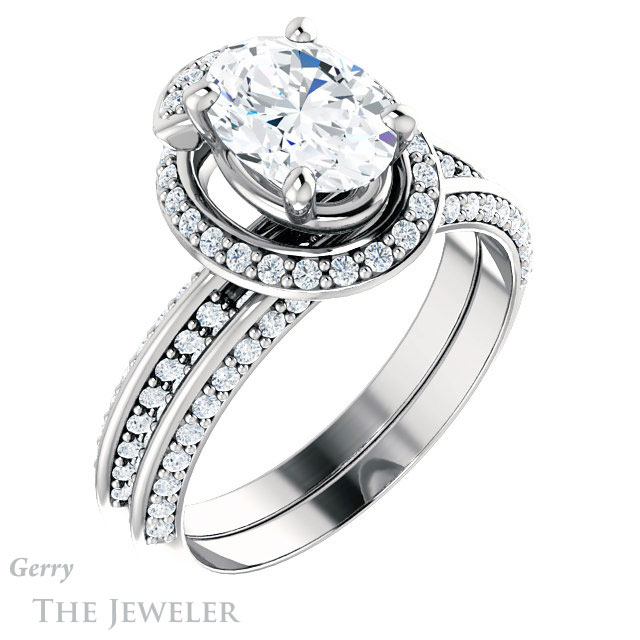 Oval Shaped Forever One Moissanite Engagement Ring #GTJ954-oval-fo-w | Gerry The Jeweler Oval Shaped Forever One Moissanite Engagement Ring #GTJ954-oval-fo-w