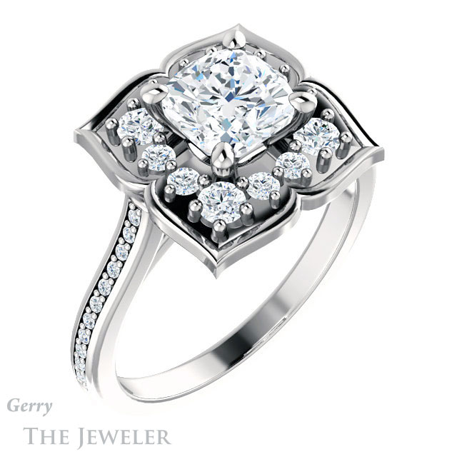 Cushion Cut Forever One Moissanite Engagement Ring #GTJ955-cushion-fo-w | Gerry The Jeweler Cushion Cut Forever One Moissanite Engagement Ring #GTJ955-cushion-fo-w