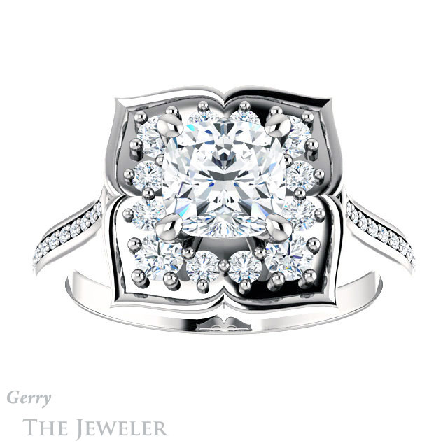 Cushion Cut Forever One Moissanite Engagement Ring #GTJ955-cushion-fo-w | Gerry The Jeweler Cushion Cut Forever One Moissanite Engagement Ring #GTJ955-cushion-fo-w