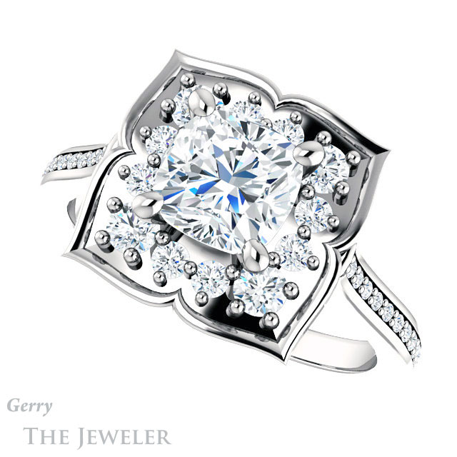 Cushion Cut Forever One Moissanite Engagement Ring #GTJ955-cushion-fo-w | Gerry The Jeweler Cushion Cut Forever One Moissanite Engagement Ring #GTJ955-cushion-fo-w