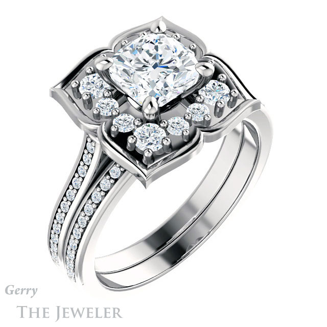 Cushion Cut Forever One Moissanite Engagement Ring #GTJ955-cushion-fo-w | Gerry The Jeweler Cushion Cut Forever One Moissanite Engagement Ring #GTJ955-cushion-fo-w