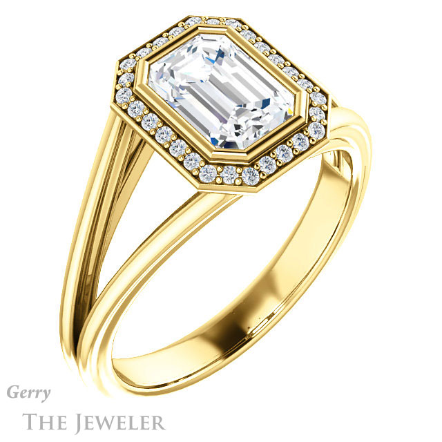 Emerald Cut Forever One Moissanite Engagement Ring #GTJ964-emerald-fb-y 4 Emerald Cut Forever Brilliant Moissanite Engagement Ring #GTJ964-emerald-fb-y