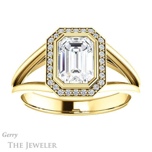 Emerald Cut Forever One Moissanite Engagement Ring #GTJ964-emerald-fb-y 1 Emerald Cut Forever Brilliant Moissanite Engagement Ring #GTJ964-emerald-fb-y
