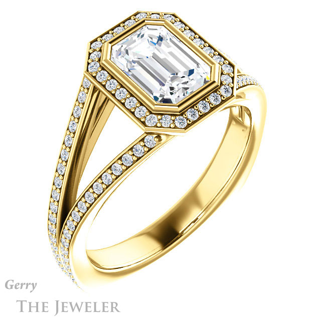 Emerald Cut Forever One Moissanite Engagement Ring #GTJ973-emerald-fb-y 4 Emerald Cut Forever Brilliant Moissanite Engagement Ring #GTJ973-emerald-fb-y