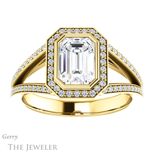 Emerald Cut Forever One Moissanite Engagement Ring #GTJ973-emerald-fb-y 1 Emerald Cut Forever Brilliant Moissanite Engagement Ring #GTJ973-emerald-fb-y