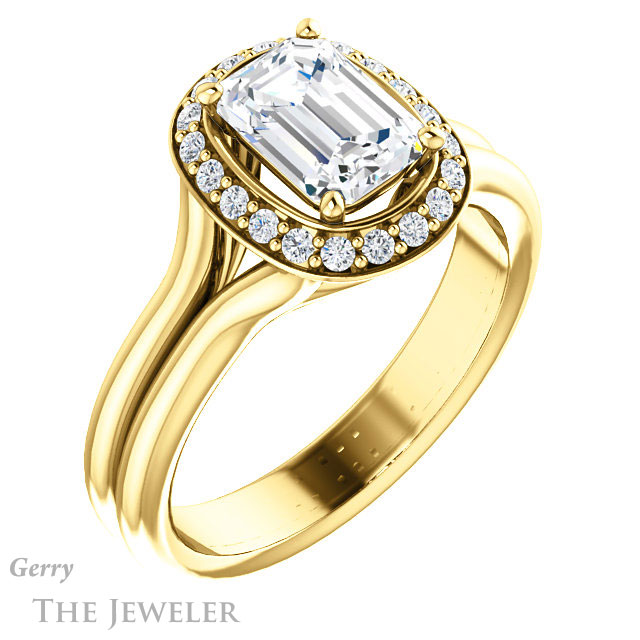 Emerald Cut Forever One Moissanite Engagement Ring #GTJ994-emerald-fb-y 4 Emerald Cut Forever Brilliant Moissanite Engagement Ring #GTJ994-emerald-fb-y