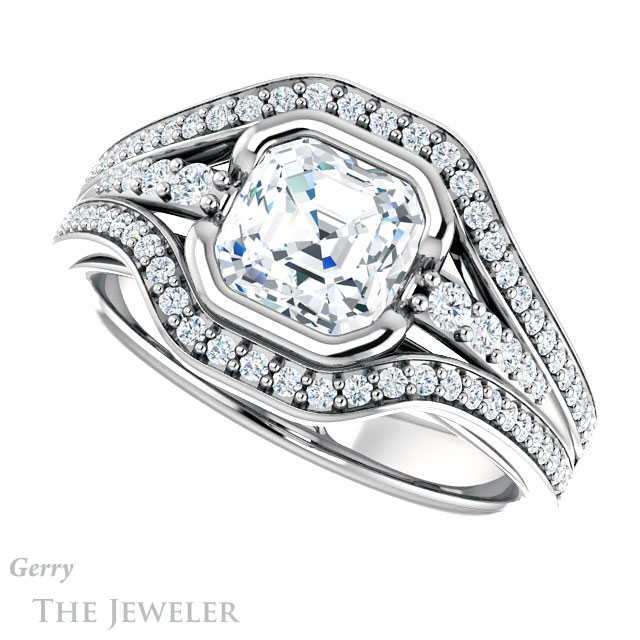 14k White Gold Asscher Cut Forever One Engagement Ring Setting #GTJ1060-asscher-fo-w