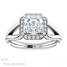 14k White Gold Asscher Cut Forever One Split Shank Halo Ring #GTJ1094-asscher-fo-w 1 14k White Gold Asscher Cut Forever One Split Shank Halo Ring #GTJ1094-asscher-fo-w