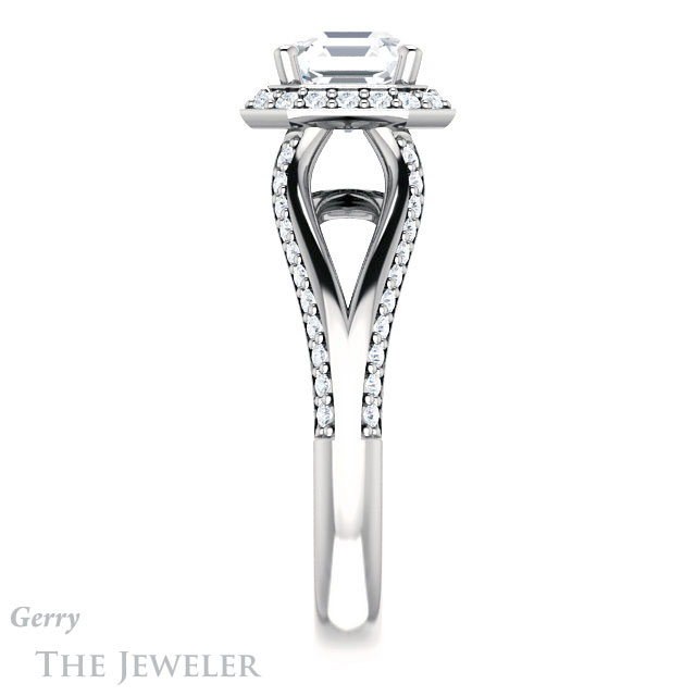 14k White Gold Asscher Cut Forever One Split Shank Halo Ring #GTJ1094-asscher-fo-w 3 14k White Gold Asscher Cut Forever One Split Shank Halo Ring #GTJ1094-asscher-fo-w