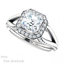 14k White Gold Asscher Cut Forever One Split Shank Halo Ring #GTJ1094-asscher-fo-w 5 14k White Gold Asscher Cut Forever One Split Shank Halo Ring #GTJ1094-asscher-fo-w