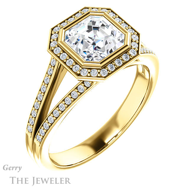 14k Yellow Gold Asscher Cut Forever One Engagement Ring Setting #GTJ1190-asscher-fo-y