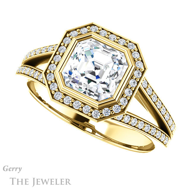 14k Yellow Gold Asscher Cut Forever One Engagement Ring Setting #GTJ1190-asscher-fo-y