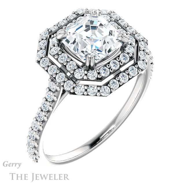14k White Asscher Cut Forever One Double Halo Ring Setting #GTJ935-asscher-fo-w 4 14k White Asscher Cut Forever One Double Halo Ring Setting #GTJ935-asscher-fo-w