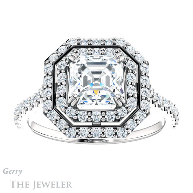 14k White Asscher Cut Forever One Double Halo Ring Setting #GTJ935-asscher-fo-w