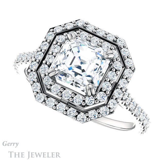 14k White Asscher Cut Forever One Double Halo Ring Setting #GTJ935-asscher-fo-w 5 14k White Asscher Cut Forever One Double Halo Ring Setting #GTJ935-asscher-fo-w