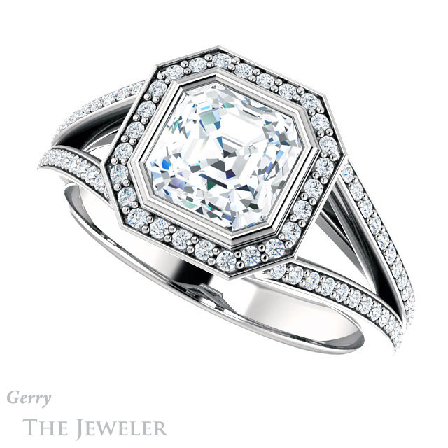 14k White Gold Asscher Cut Forever One Engagement Ring Setting #GTJ973-asscher-fo-w