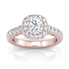 forever one moissanite cushion cut halo ring in rose gold