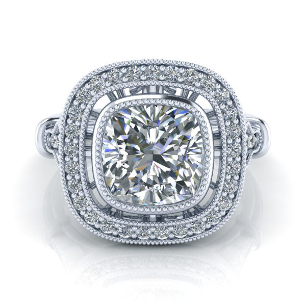 Vintage Cushion Cut Halo Moissanite Ring GTJ3736-cushion-fo-w - Image