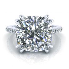 Double Claw Cushion Cut Moissanite Ring - GTJ3834-w-1 Image of large cushion cut moissanite ring set in a double claw 4 prong platinum ring setting