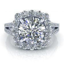 Split Shank Halo Moissanite Rings - GTJ3840-w-1 Charles and Colvard inspired Split Shank Halo Moissanite Rings - GTJ3840-w-1 on a mirrored background.