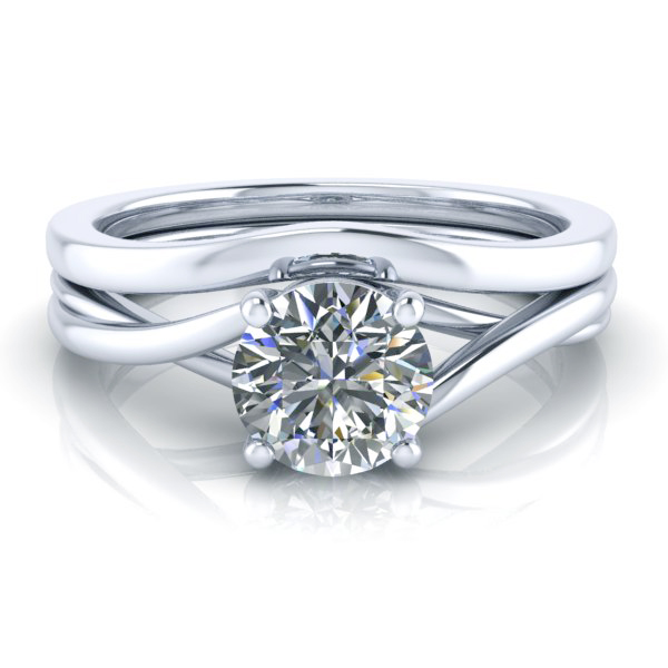 Matching Contour Wedding Band #GTJ3800-round-pwb-w White gold plain contour wedding ring laying with matching engagement solitaire ring.