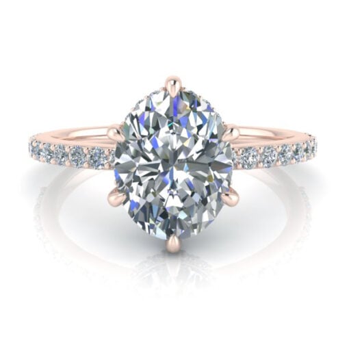 This oval cut side stones ring design is set with amoissanite secured with a 6 prong setting. * images shown with 9 x 7mm - 2.10 Carat center gem.