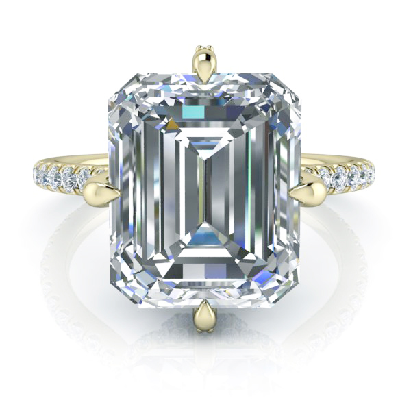 Yellow Gold Hidden Halo Emerald Cut RingGTJ3886-emerald-y-10x8mm-1 Emerald cut hidden halo ring in yellow gold. Compass point prong setting.