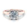 14k Rose Gold 5 Prong Solitaire Ring - Style GTJ3961-round-r-6.5mm-1 5 prong tulip style round cut solitaire engagement ring in 14k rose gold. Laying flat on a white reflective surface.