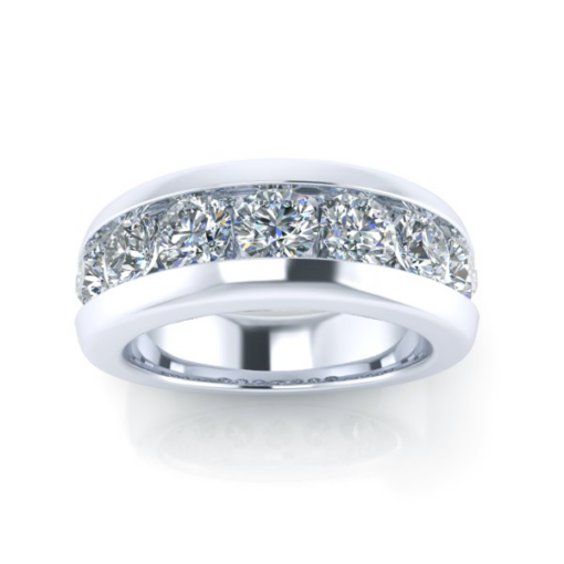Mans 2 carat channel set wedding band with 7 diamonds in white gold and platinum on a white reflective surface.