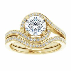 Round cut bypass style 2 piece wedding set with accent gems in yellow gold
