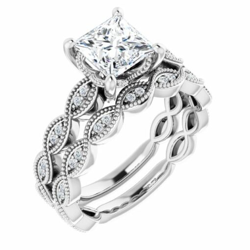 Bridal Set - Vintage Wedding Ring Set #GTJ2012-princess-set-fo-14kw - Image 2