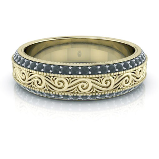 Custom Man's Yellow Gold Wedding Band with Black Diamonds - Style #GTJ-MB-1014-14ky