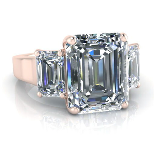 14k Rose Gold Three Stone Emerald Cut Moissanite Ring #GTJ3715-emerald-14kr - Image 4