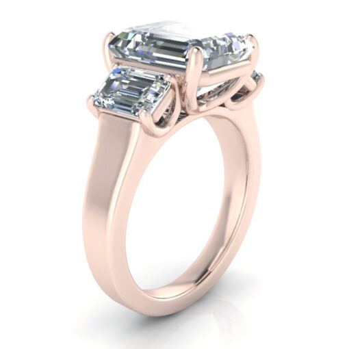 14k Rose Gold Three Stone Emerald Cut Moissanite Ring #GTJ3715-emerald-14kr - Image 2