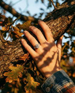 GTJ3968 Nature Inspired Ring on hand with tree backrgound | Gerry The Jeweler